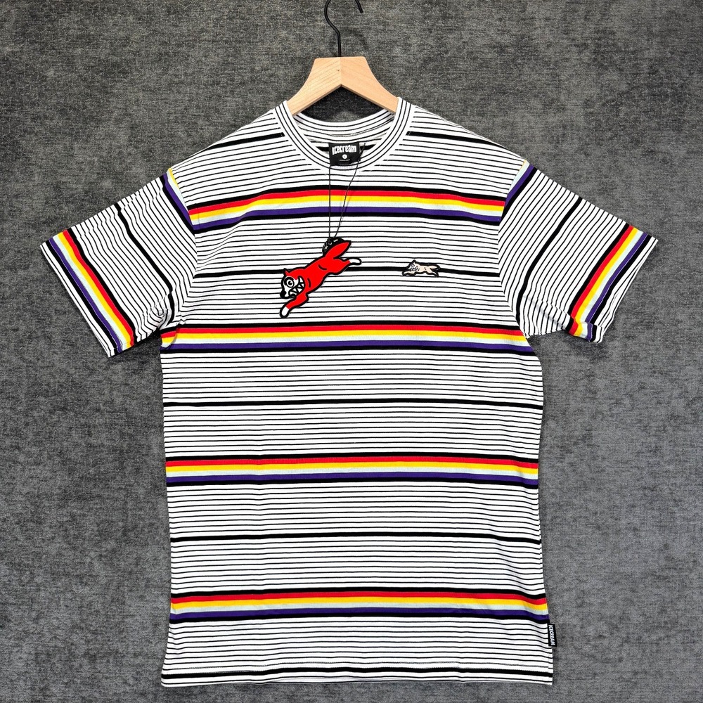 Ice Cream Running Dog Graphic T Shirt Rainbow Stripe White Mens L